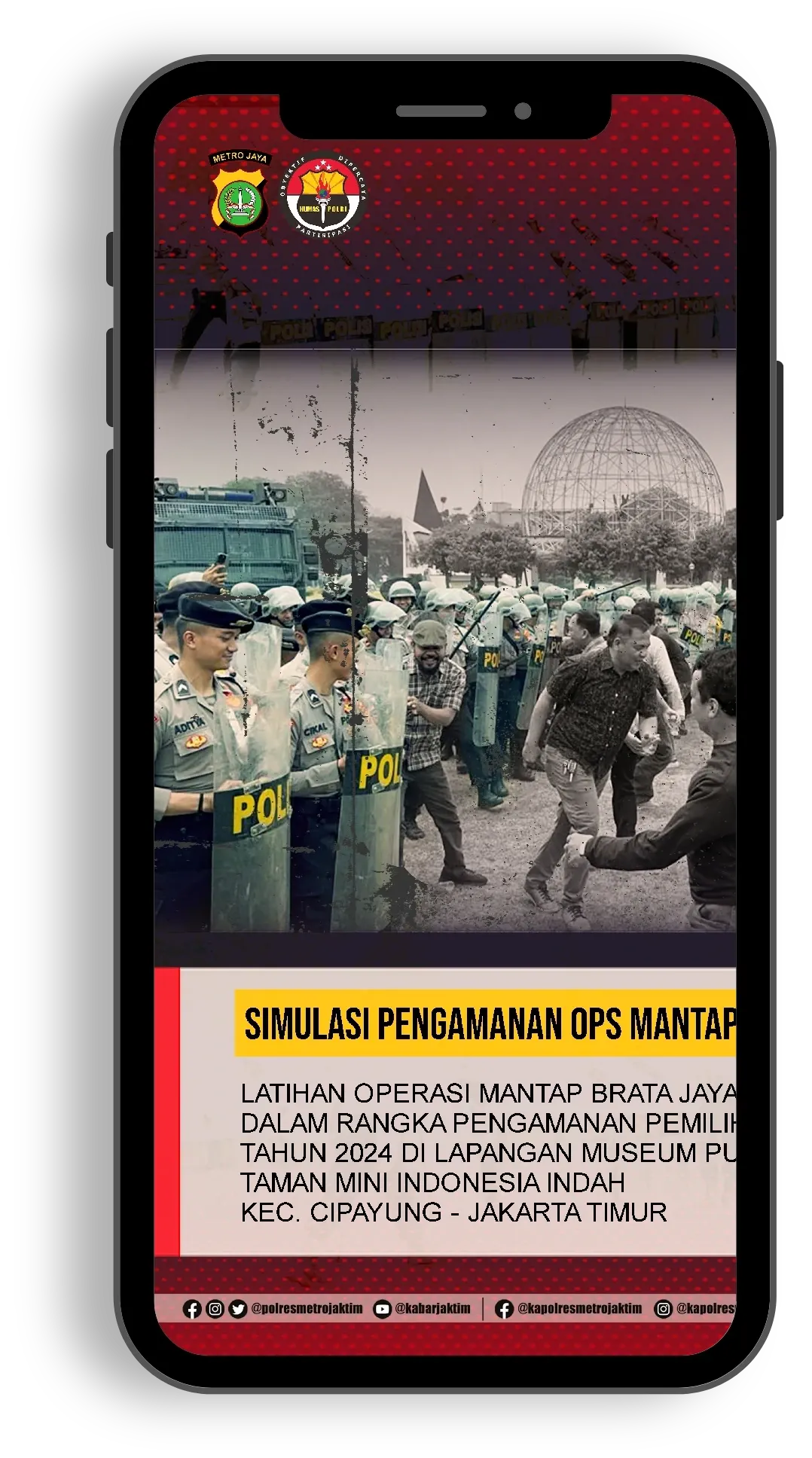 Phone mockup showing East Jakarta Police PR content